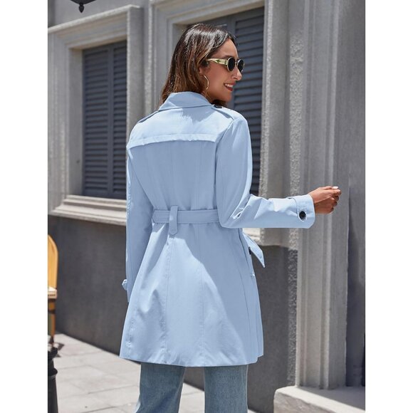 Women's Light Blue Waterproof Trench Coat with Classic Lapel and Belted Design - Picture 2 of 6